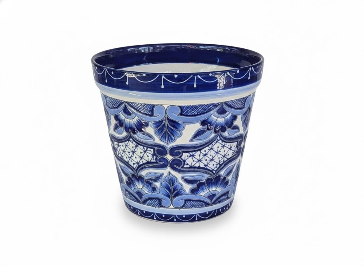 Handmade Talavera Ceramic Planter Blue White | Mexican Pottery Flower Pot | Hand Painted Gift Decor
