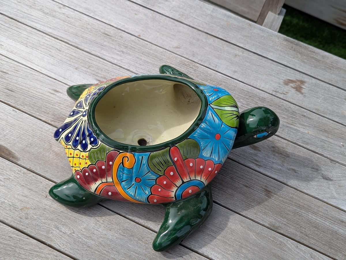 Handmade Talavera Turtle Planter: Mexican Pottery Garden Decor
