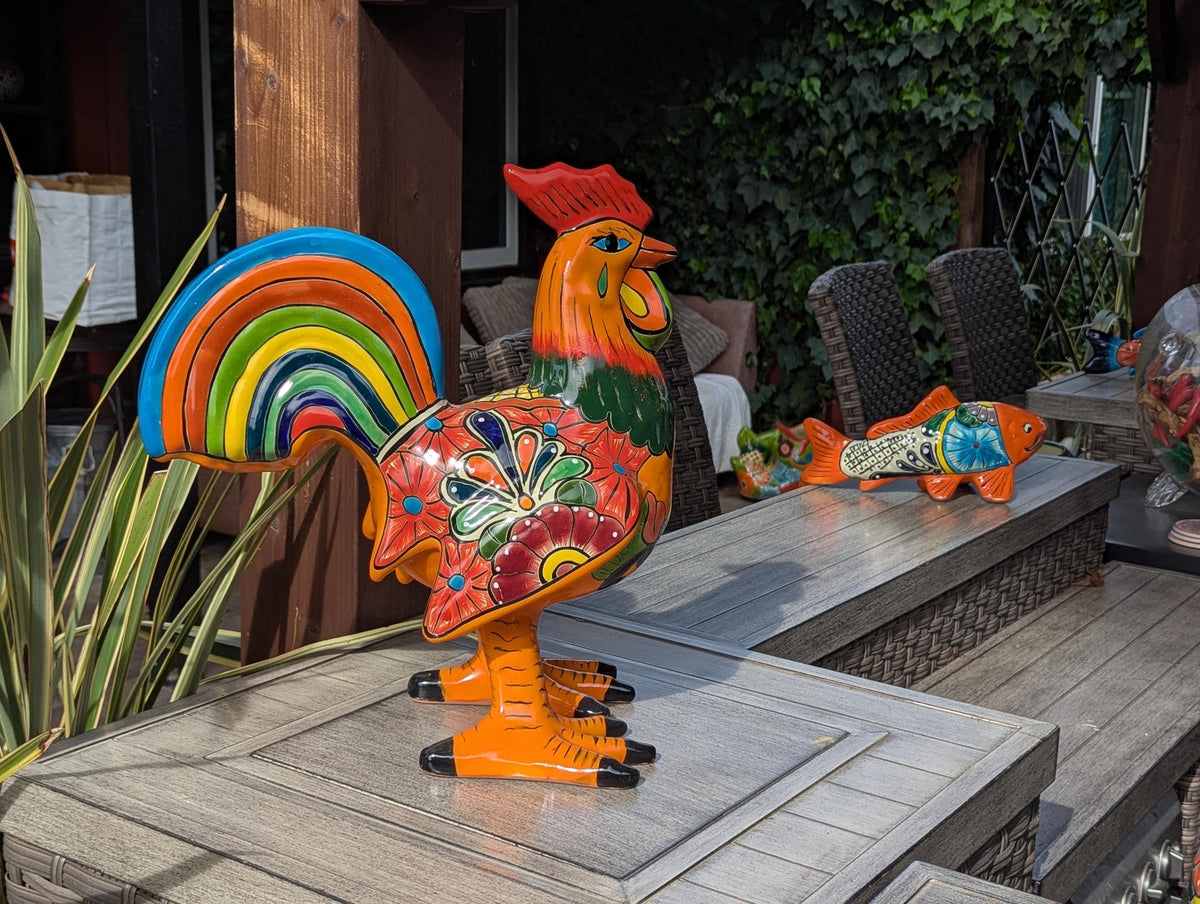 Talavera Rooster Home Decor | Handmade Ceramic Pottery, Indoor or Outdoor Figurine
