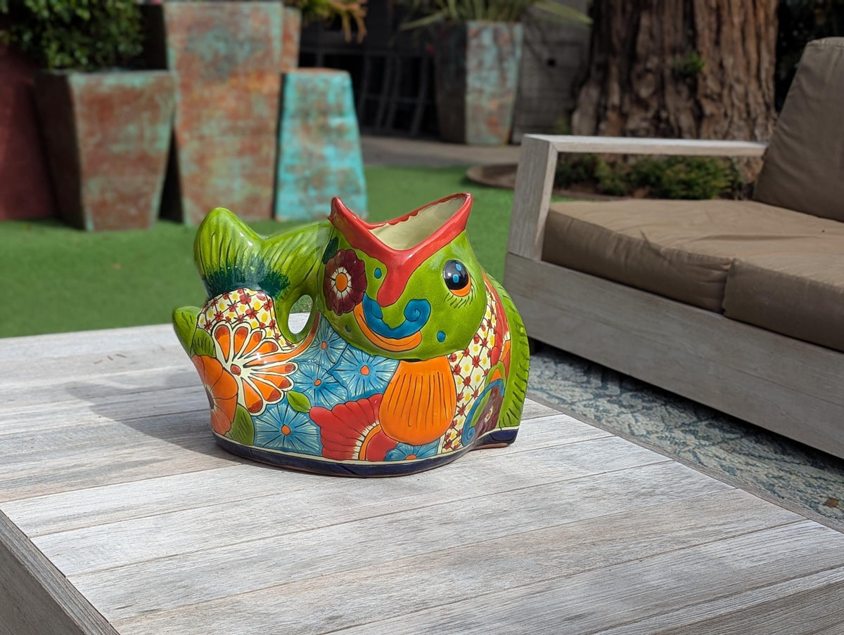 Talavera Whale Planter: Hand-Painted Mexican Ceramic Pottery Garden Decor