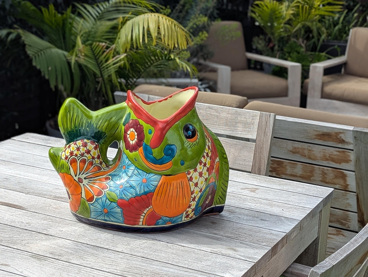 Talavera Whale Planter: Hand-Painted Mexican Ceramic Pottery Garden Decor