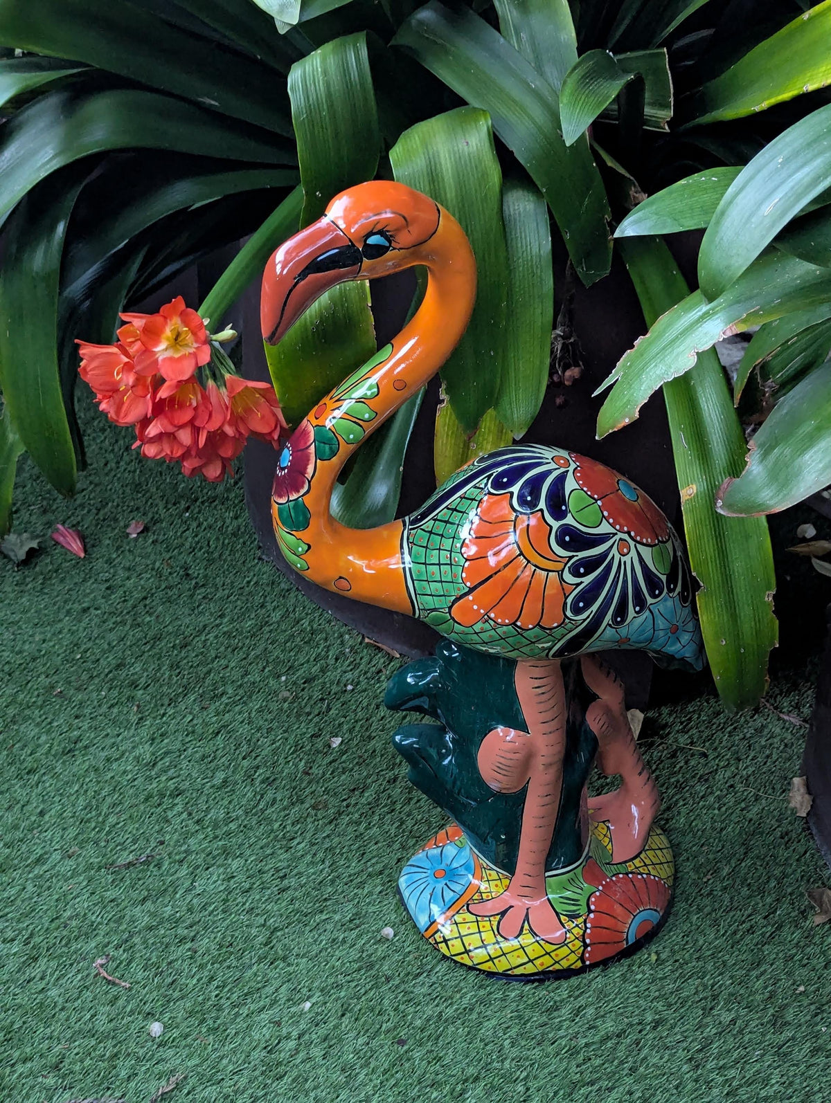 Talavera Flamingo Garden Decor | Ceramic Mexican Art Handmade Pottery | Orange Housewarming Gift