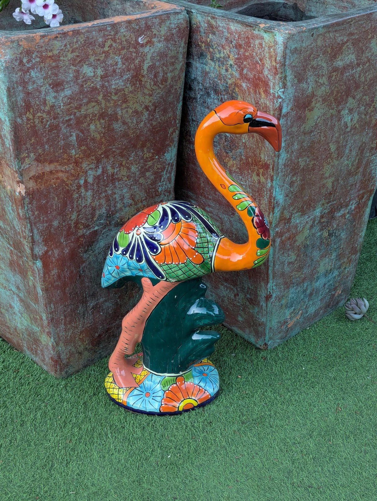 Talavera Flamingo Garden Decor | Ceramic Mexican Art Handmade Pottery | Orange Housewarming Gift