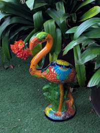 Orange Flamingo Ceramic Mexican Art  | Talavera Garden Sculpture | Handmade Pottery Lawn Ornament