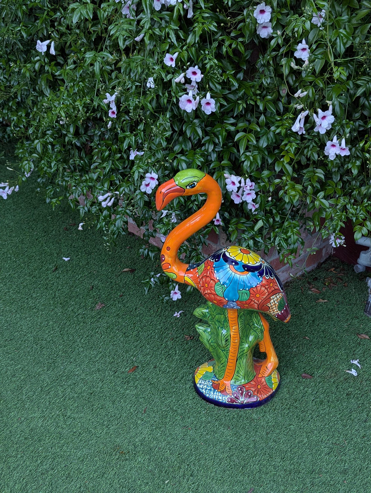 Orange Flamingo Ceramic Mexican Art  | Talavera Garden Sculpture | Handmade Pottery Lawn Ornament