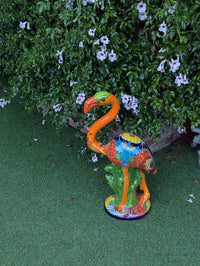 Orange Flamingo Ceramic Mexican Art  | Talavera Garden Sculpture | Handmade Pottery Lawn Ornament