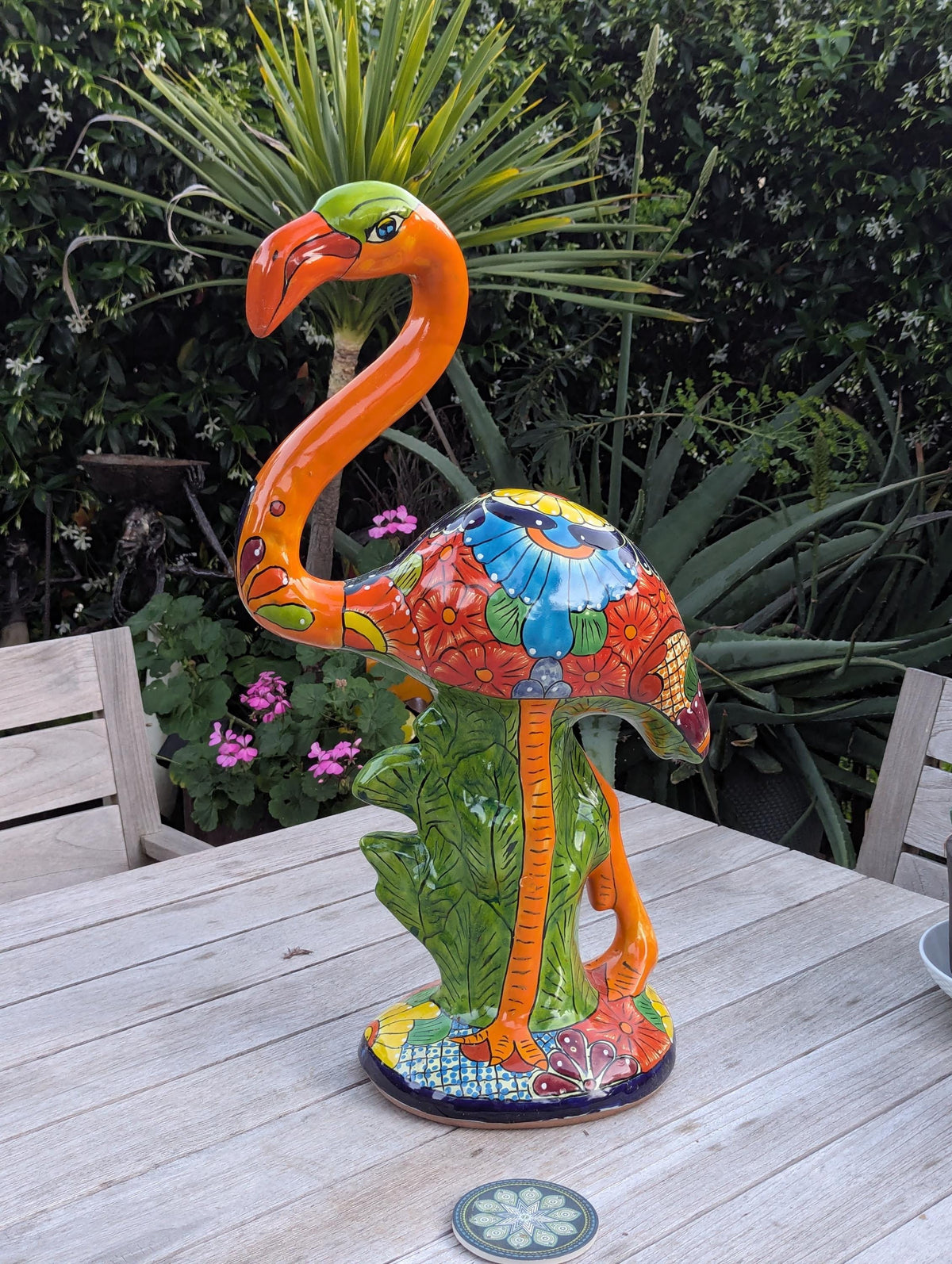 Orange Flamingo Ceramic Mexican Art  | Talavera Garden Sculpture | Handmade Pottery Lawn Ornament