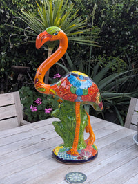 Orange Flamingo Ceramic Mexican Art  | Talavera Garden Sculpture | Handmade Pottery Lawn Ornament