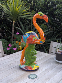 Orange Flamingo Ceramic Mexican Art  | Talavera Garden Sculpture | Handmade Pottery Lawn Ornament