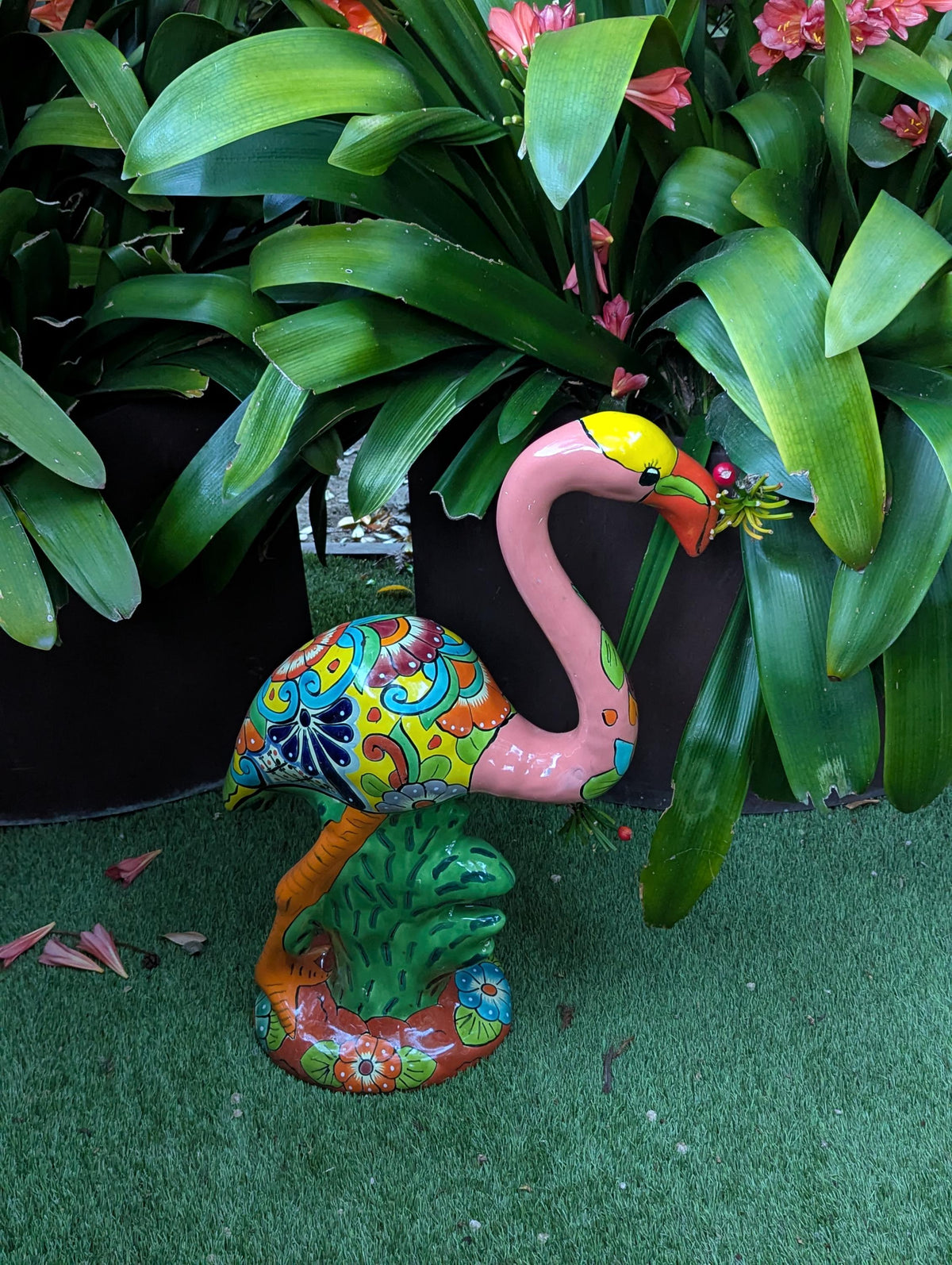 Talavera Flamingo Ceramic Mexican Art | Handmade Garden Sculpture | Lawn Ornament & Patio Decor