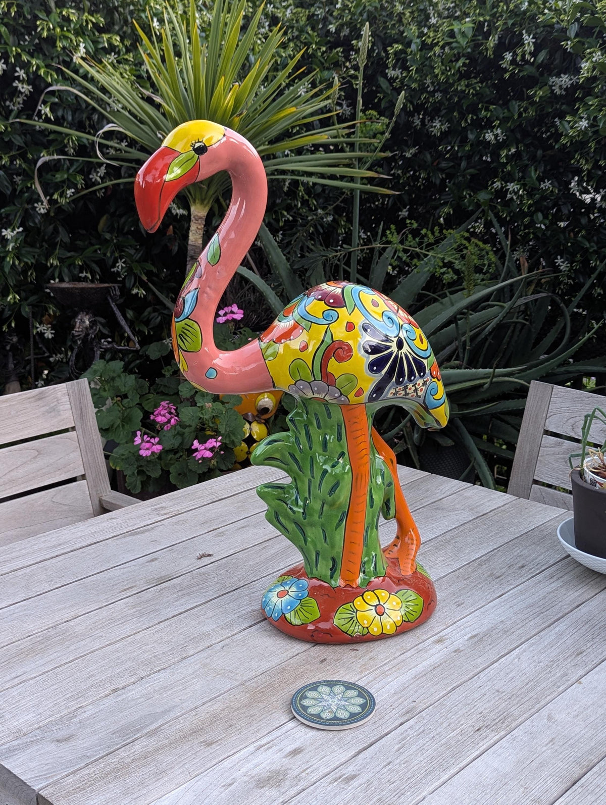 Talavera Flamingo Ceramic Mexican Art | Handmade Garden Sculpture | Lawn Ornament & Patio Decor