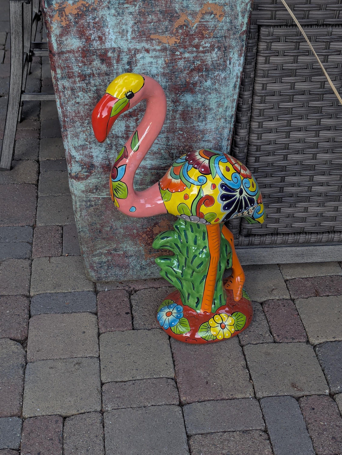 Flamingo Talavera Garden Sculpture | Ceramic Mexican Art Handmade Pottery | Lawn Ornament & Housewarming Gift