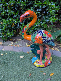 Talavera Flamingo Garden Decor | Ceramic Mexican Art Handmade Pottery | Orange Housewarming Gift