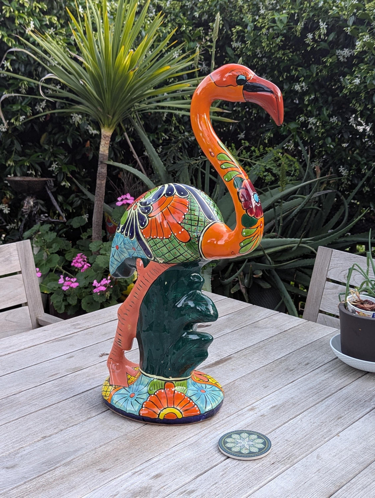 Talavera Flamingo Garden Decor | Ceramic Mexican Art Handmade Pottery | Orange Housewarming Gift