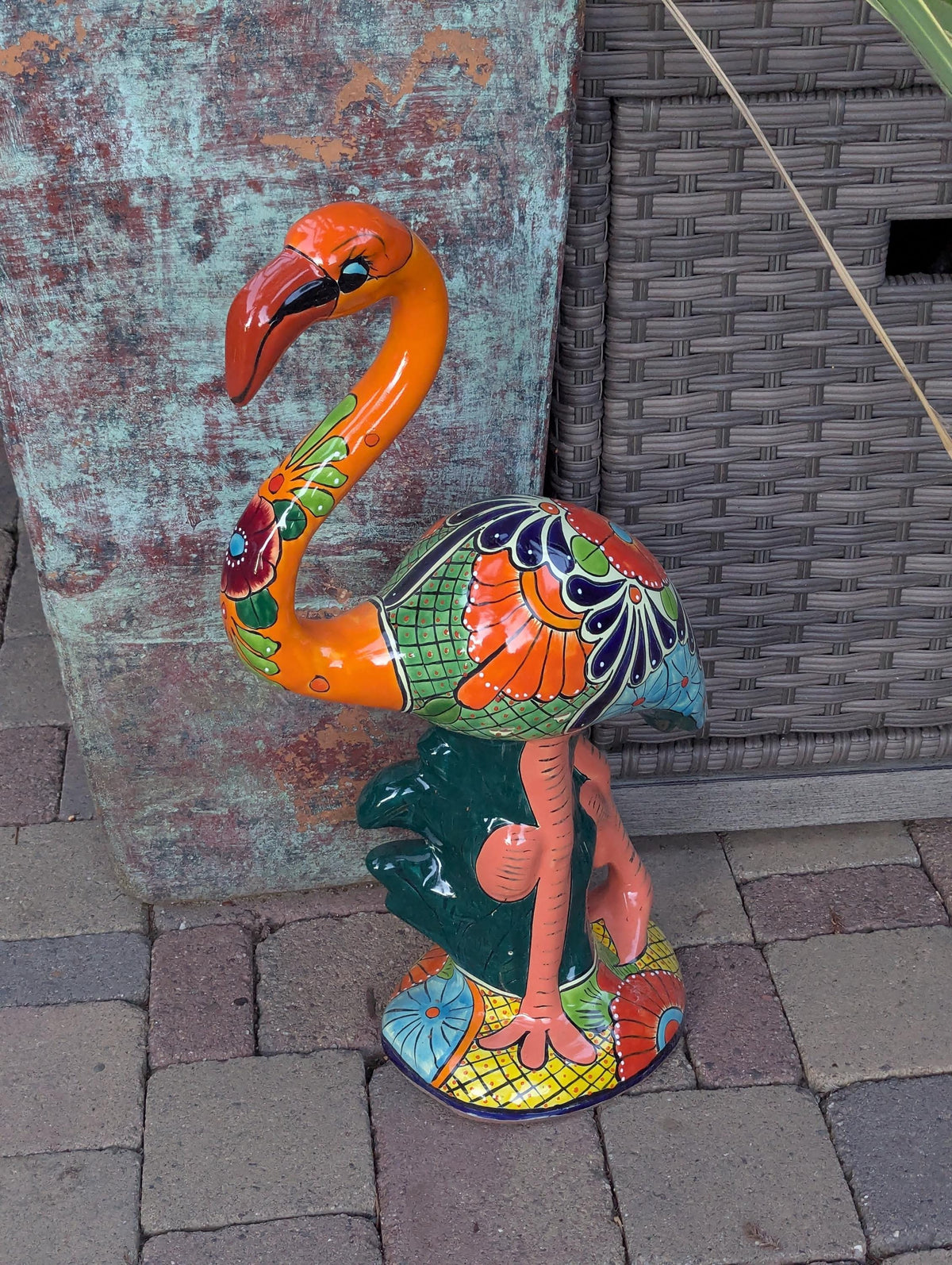 Talavera Flamingo Garden Decor | Ceramic Mexican Art Handmade Pottery | Orange Housewarming Gift