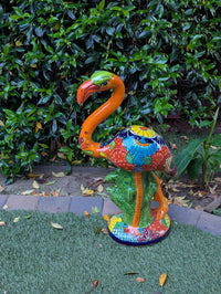Orange Flamingo Ceramic Mexican Art  | Talavera Garden Sculpture | Handmade Pottery Lawn Ornament