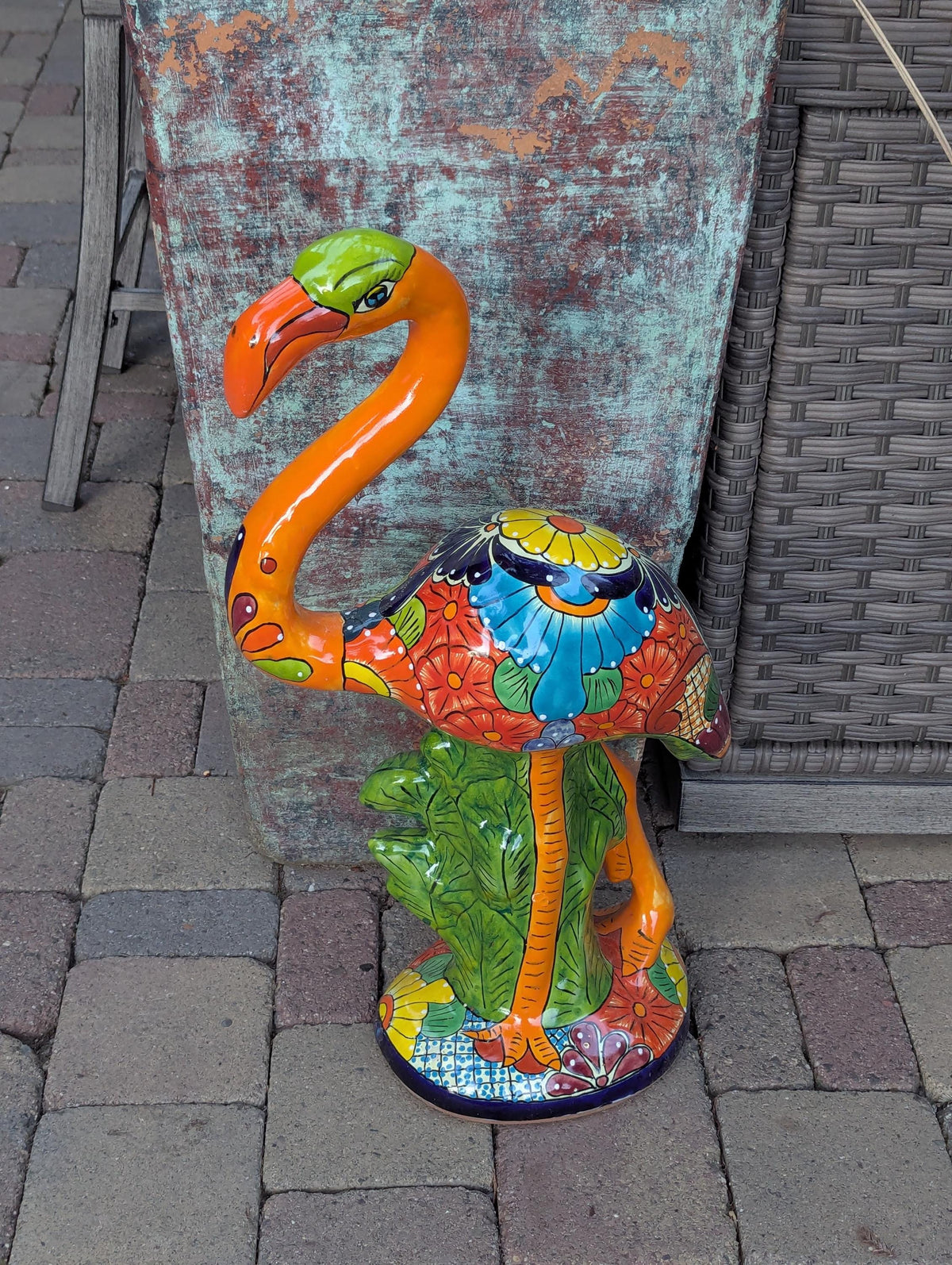 Orange Flamingo Ceramic Mexican Art  | Talavera Garden Sculpture | Handmade Pottery Lawn Ornament
