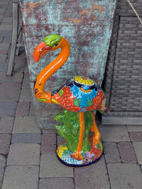 Orange Flamingo Ceramic Mexican Art  | Talavera Garden Sculpture | Handmade Pottery Lawn Ornament