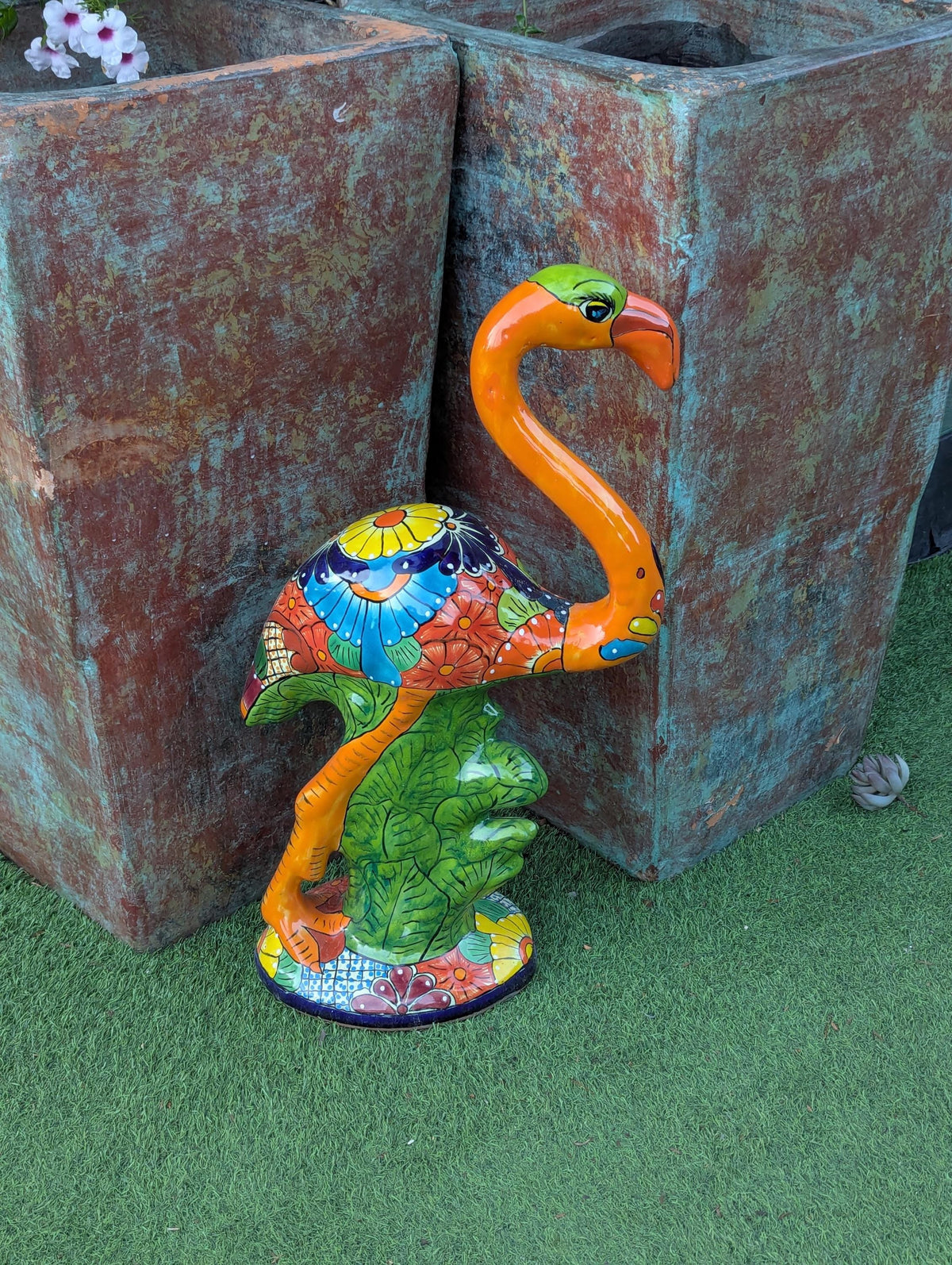 Orange Flamingo Ceramic Mexican Art  | Talavera Garden Sculpture | Handmade Pottery Lawn Ornament
