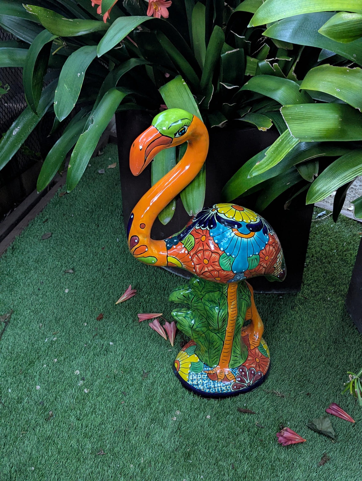 Orange Flamingo Ceramic Mexican Art  | Talavera Garden Sculpture | Handmade Pottery Lawn Ornament