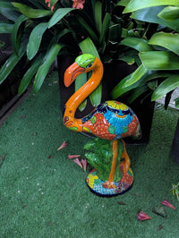 Orange Flamingo Ceramic Mexican Art  | Talavera Garden Sculpture | Handmade Pottery Lawn Ornament