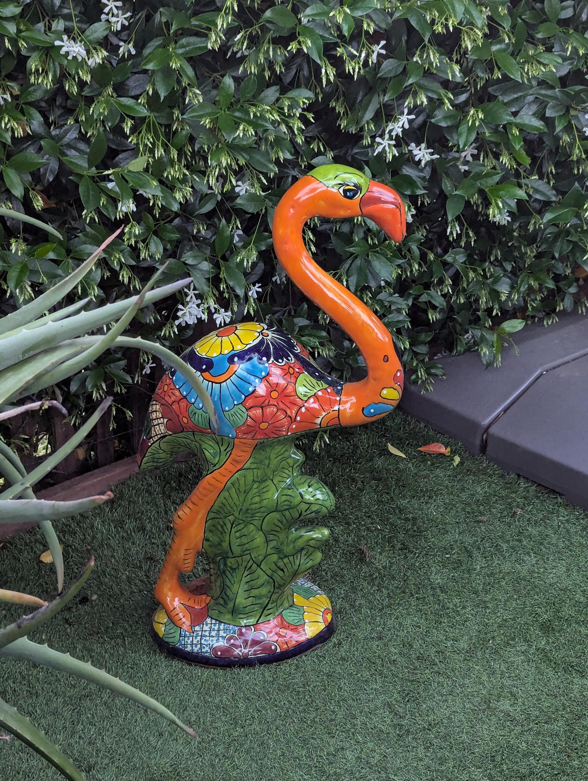 Orange Flamingo Ceramic Mexican Art  | Talavera Garden Sculpture | Handmade Pottery Lawn Ornament