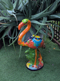 Orange Flamingo Ceramic Mexican Art  | Talavera Garden Sculpture | Handmade Pottery Lawn Ornament