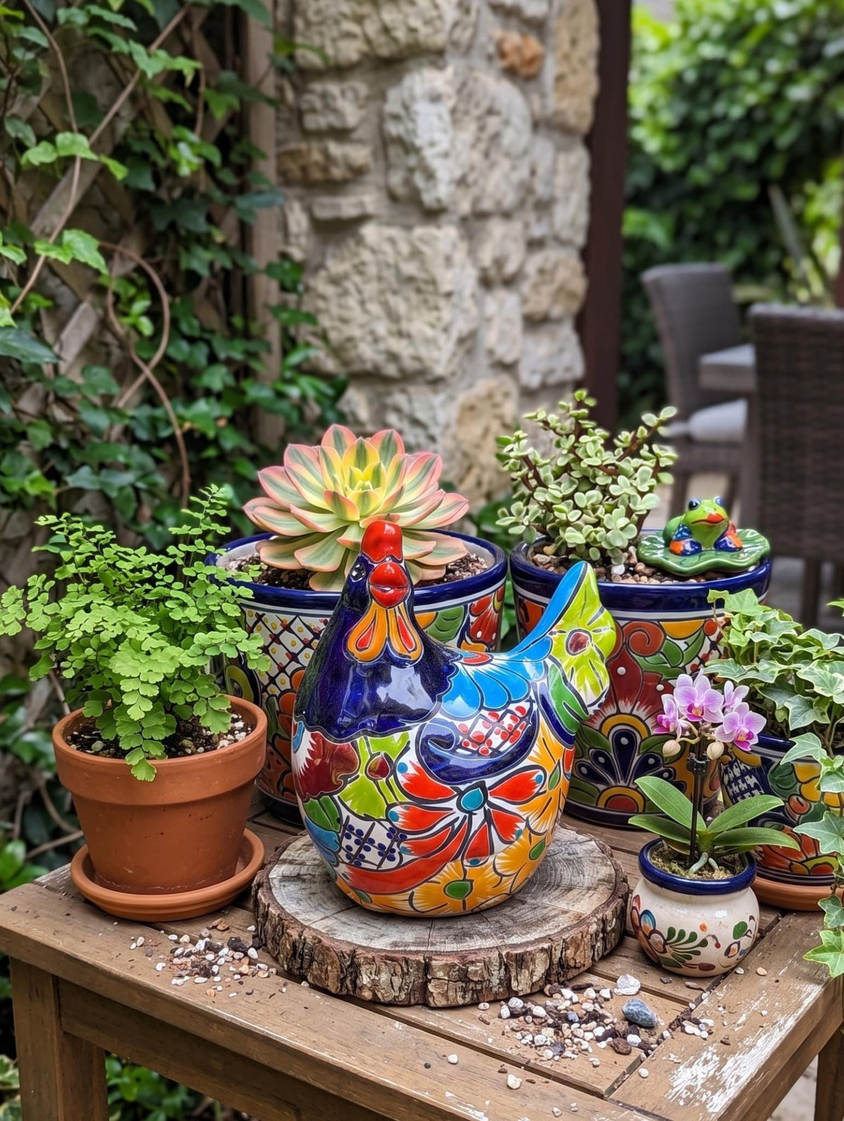 Talavera Rooster Statue | Handmade Ceramic Animal Garden Sculpture | Mexican Pottery Decor
