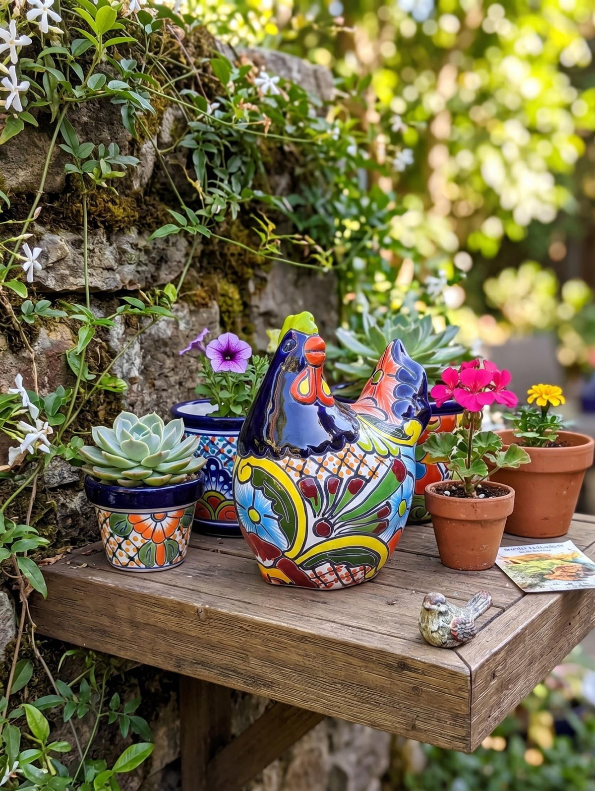 Ceramic Rooster Garden Statue | Handmade Talavera Animal Sculpture | Mexican Pottery Decor