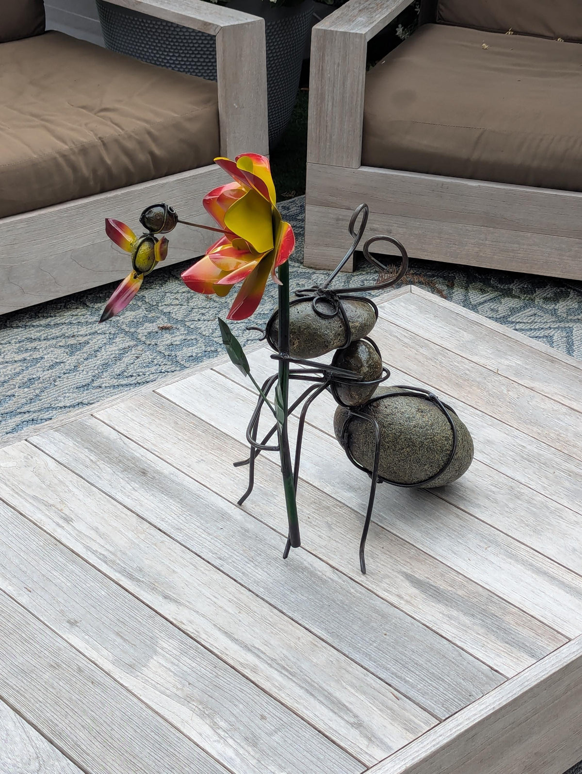 Ant Yard Art | Hand-Painted Metal Flower, Hummingbird, Stone Statue | Mexican Garden Decor