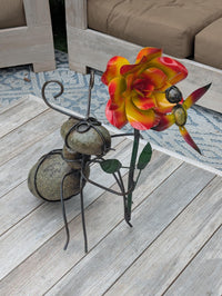 Ant Yard Art | Hand-Painted Metal Flower, Hummingbird, Stone Statue | Mexican Garden Decor
