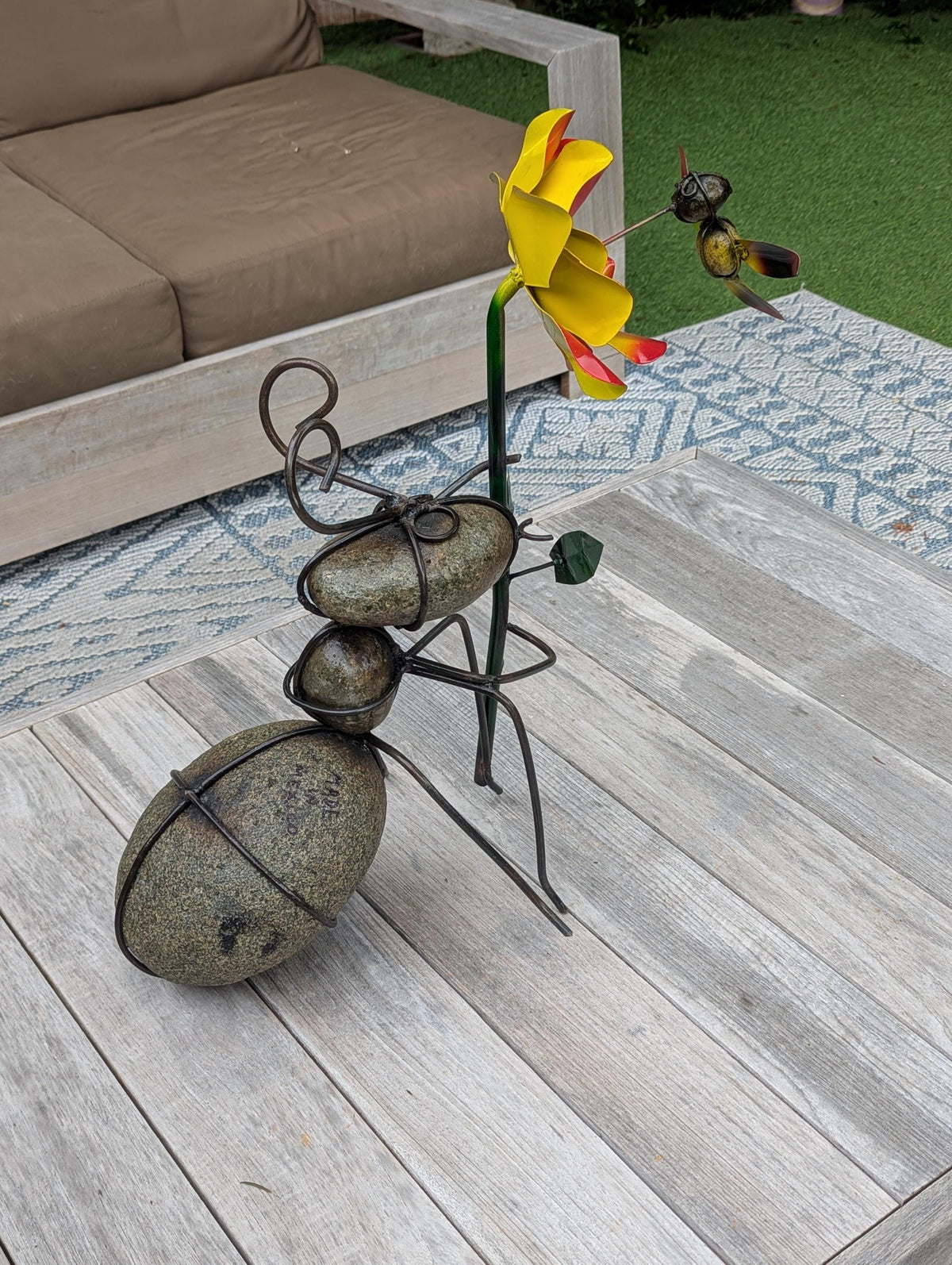Ant Yard Art | Hand-Painted Metal Flower, Hummingbird, Stone Statue | Mexican Garden Decor