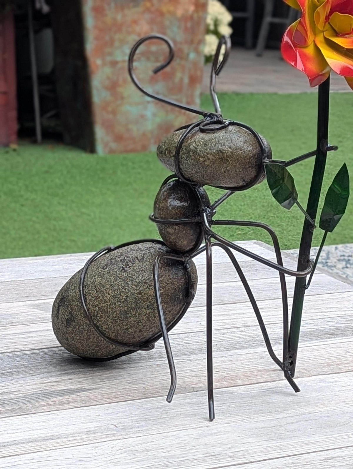 Ant Yard Art | Hand-Painted Metal Flower, Hummingbird, Stone Statue | Mexican Garden Decor