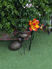 Ant Yard Art | Hand-Painted Metal Flower, Hummingbird, Stone Statue | Mexican Garden Decor