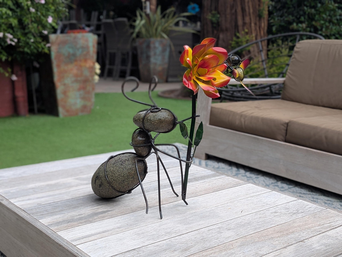 Ant Yard Art | Hand-Painted Metal Flower, Hummingbird, Stone Statue | Mexican Garden Decor