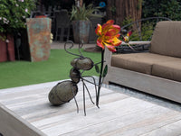Ant Yard Art | Hand-Painted Metal Flower, Hummingbird, Stone Statue | Mexican Garden Decor
