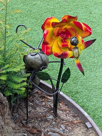 Ant Yard Art | Hand-Painted Metal Flower, Hummingbird, Stone Statue | Mexican Garden Decor