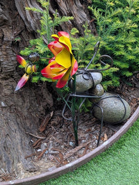 Ant Yard Art | Hand-Painted Metal Flower, Hummingbird, Stone Statue | Mexican Garden Decor