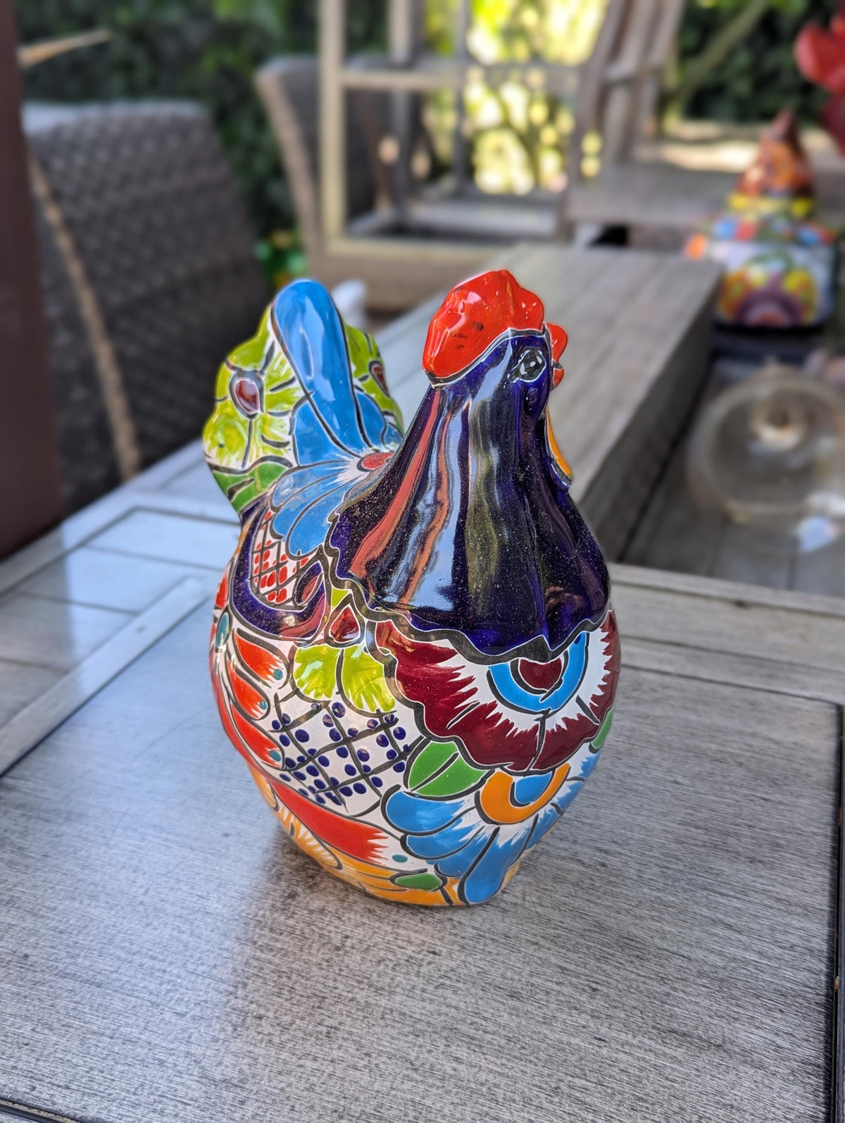 Talavera Rooster Statue | Handmade Ceramic Animal Garden Sculpture | Mexican Pottery Decor