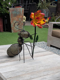 Ant Yard Art | Hand-Painted Metal Flower, Hummingbird, Stone Statue | Mexican Garden Decor