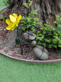 Ant Yard Art | Hand-Painted Metal Flower, Hummingbird, Stone Statue | Mexican Garden Decor