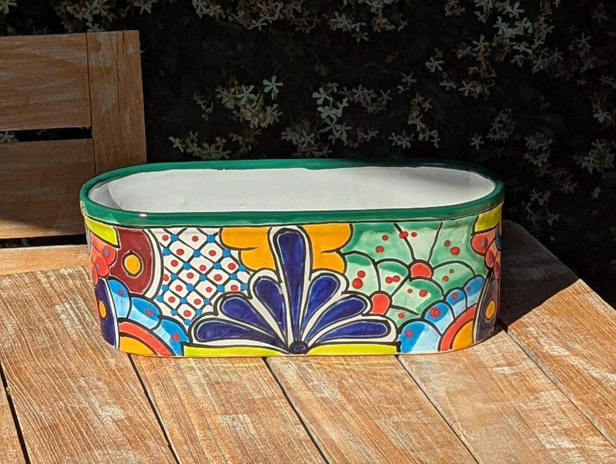 Talavera Oval Succulent Planter | Mexican Ceramic Window Box  | Hand Painted Pot