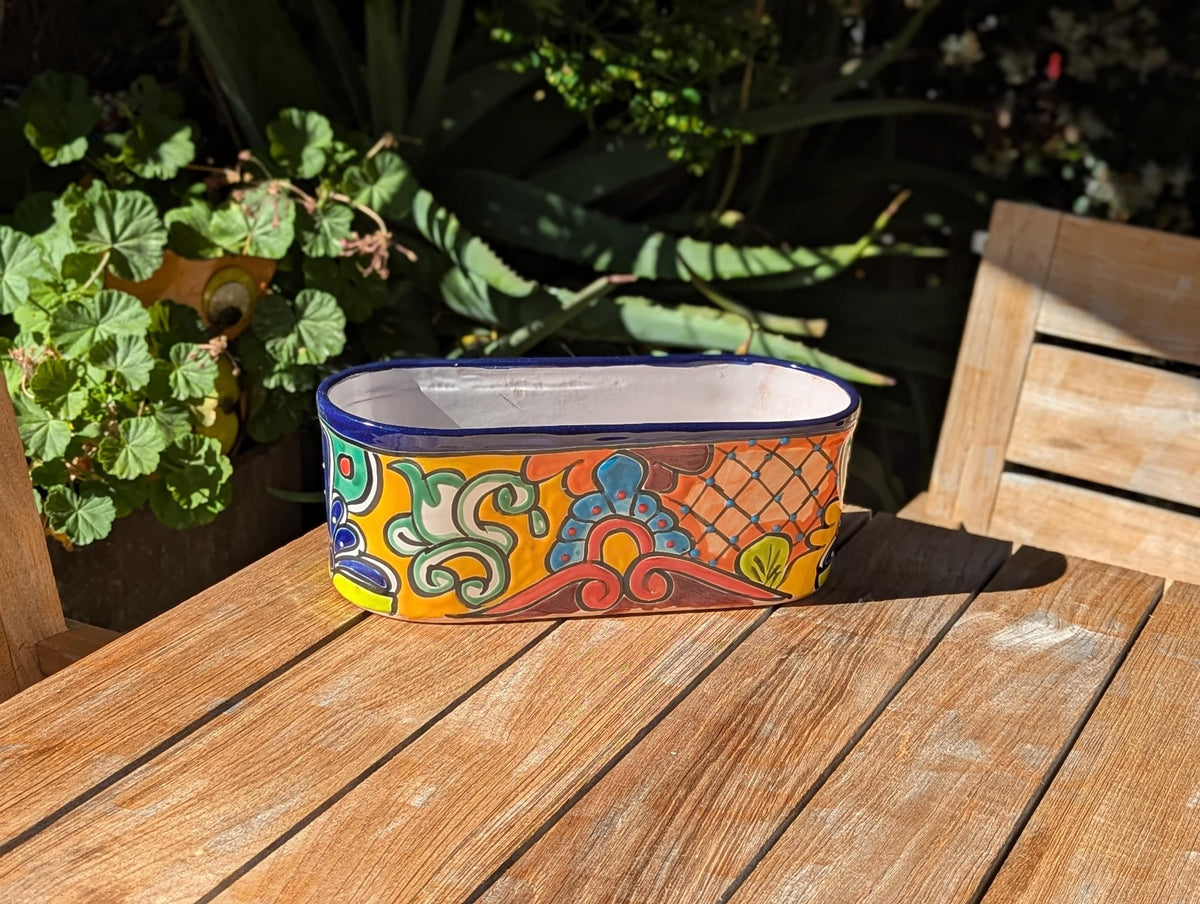 Hand Painted Talavera Oval Pot | Mexican Pottery Ceramic Planter | Succulent Window Box