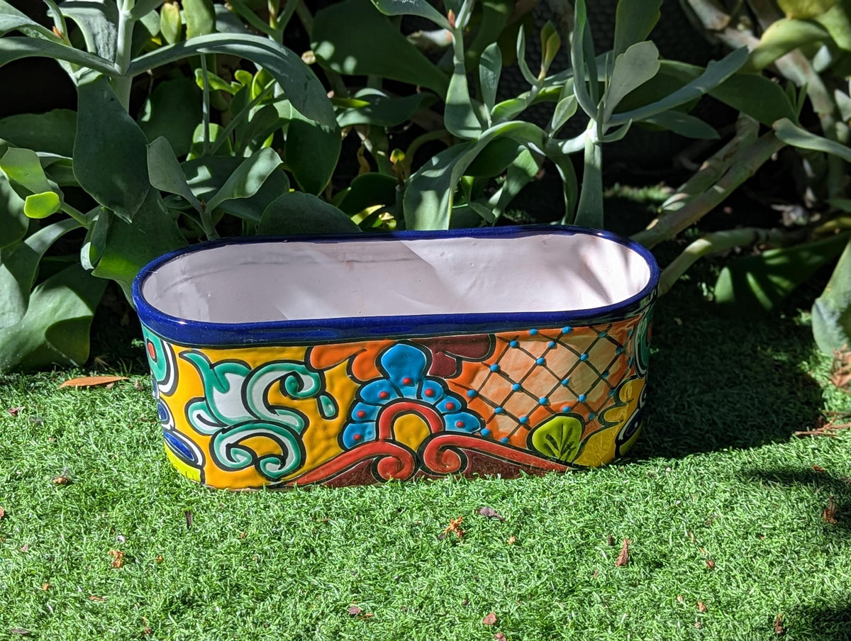 Hand Painted Talavera Oval Pot | Mexican Pottery Ceramic Planter | Succulent Window Box