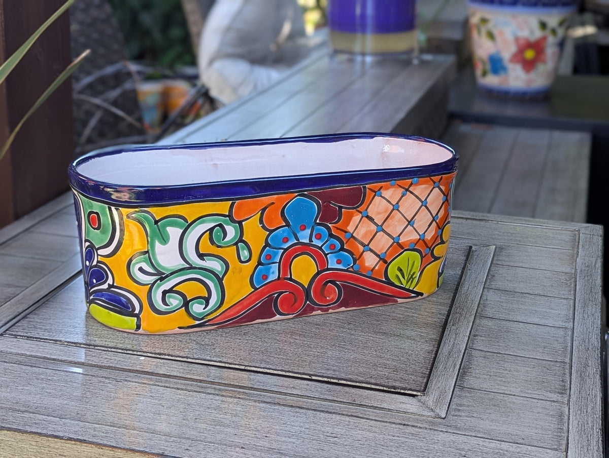 Hand Painted Talavera Oval Pot | Mexican Pottery Ceramic Planter | Succulent Window Box