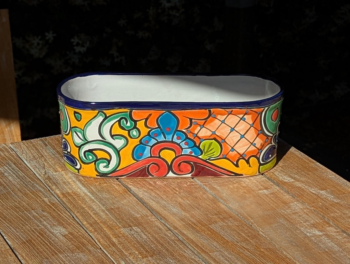 Hand Painted Talavera Oval Pot | Mexican Pottery Ceramic Planter | Succulent Window Box