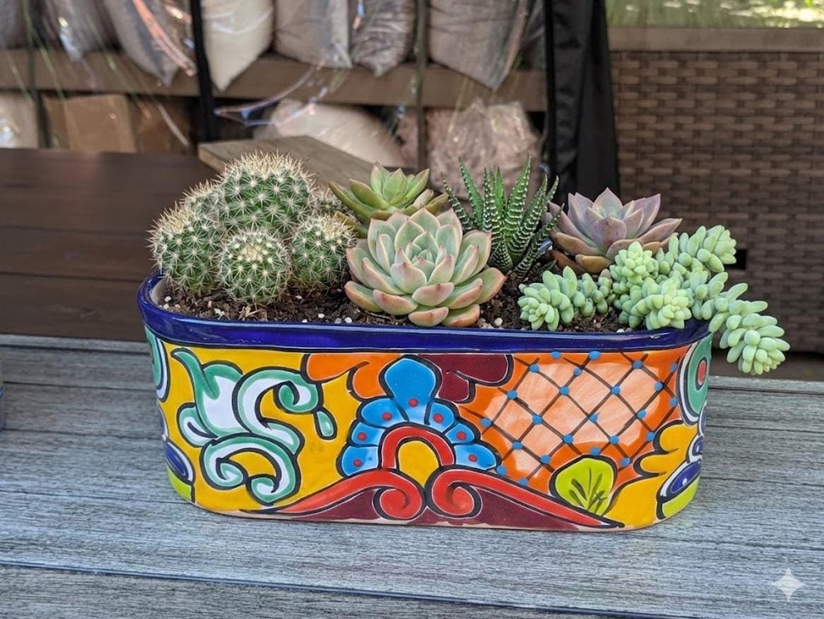 Hand Painted Talavera Oval Pot | Mexican Pottery Ceramic Planter | Succulent Window Box