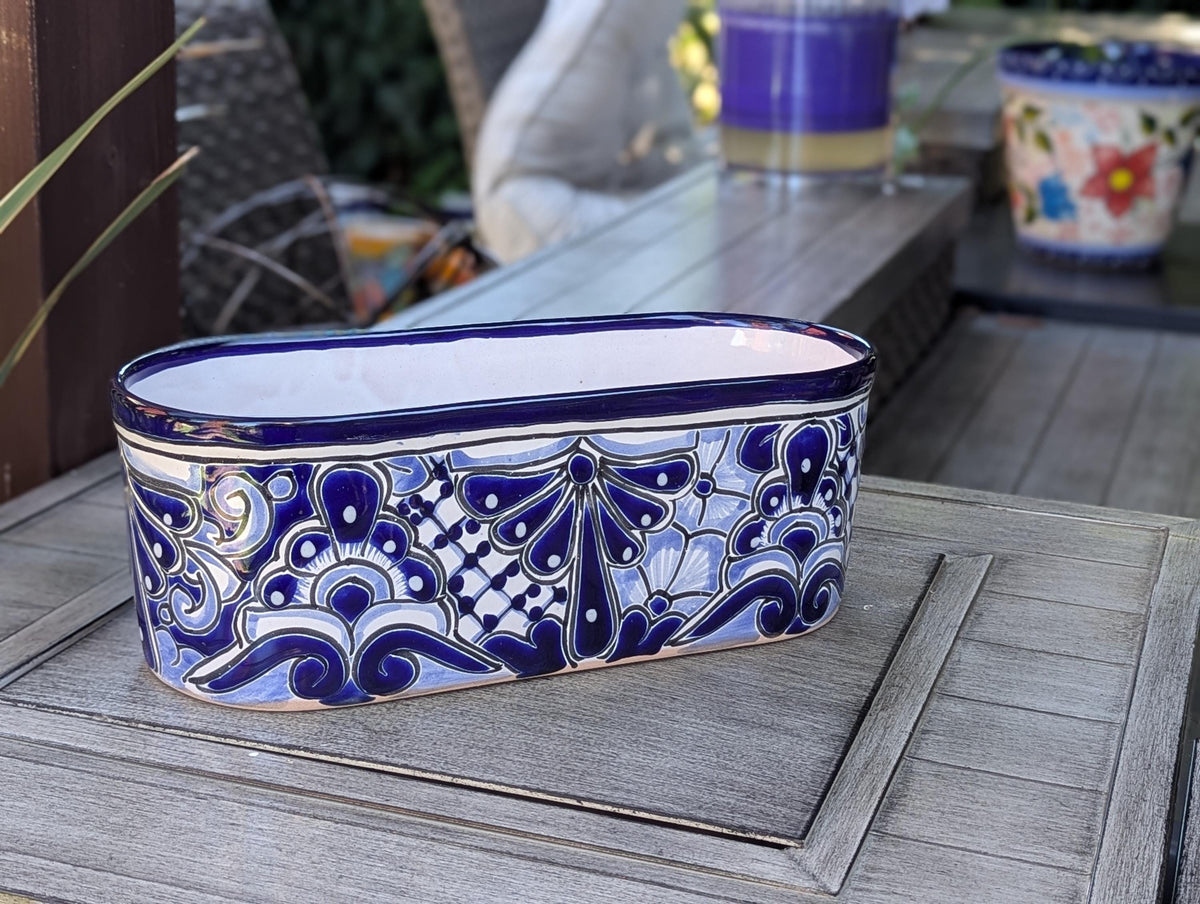 Hand Painted Talavera Oval Planter | Mexican Ceramic Window Box | Succulent Pot