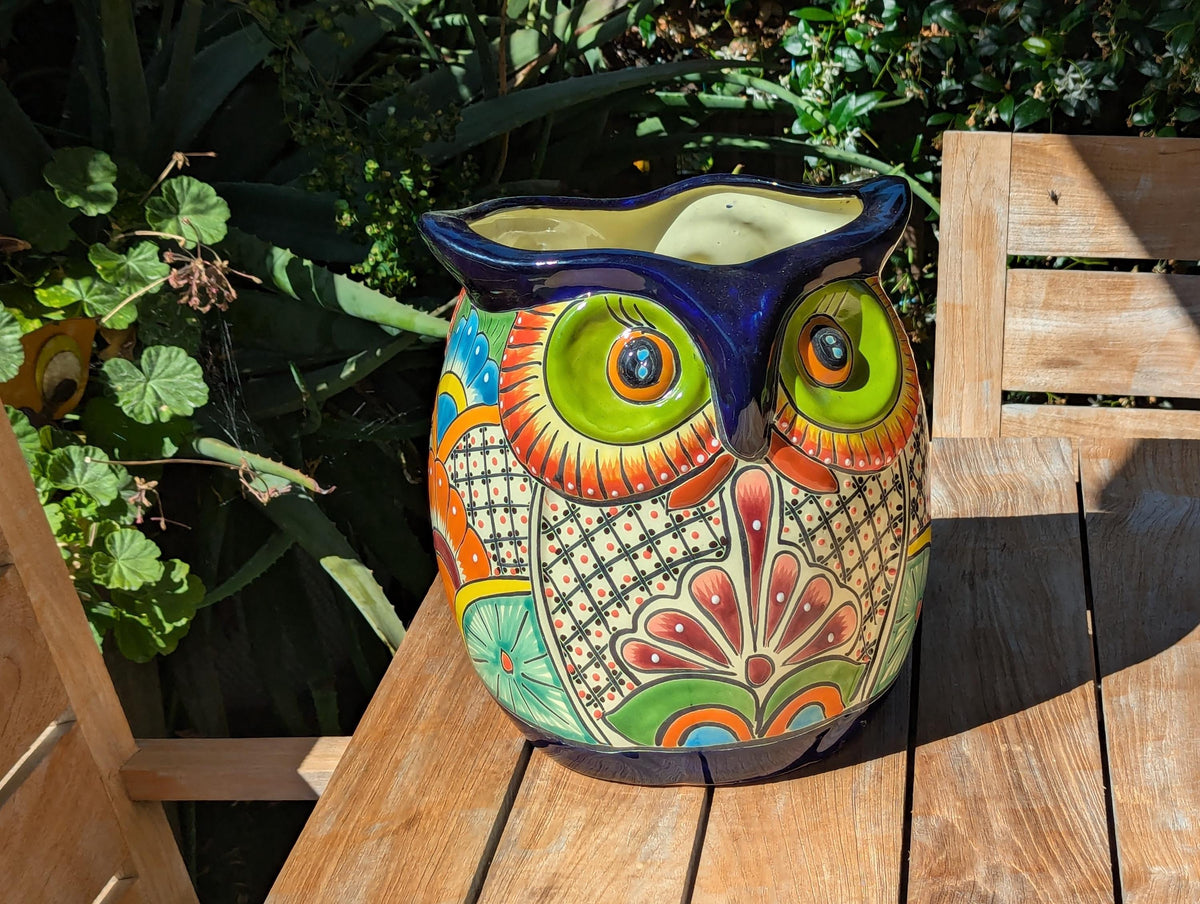 11.5" Tall Talavera Owl Planter | Handmade Ceramic Flower Pot | Outdoor Mexican Pottery Gift
