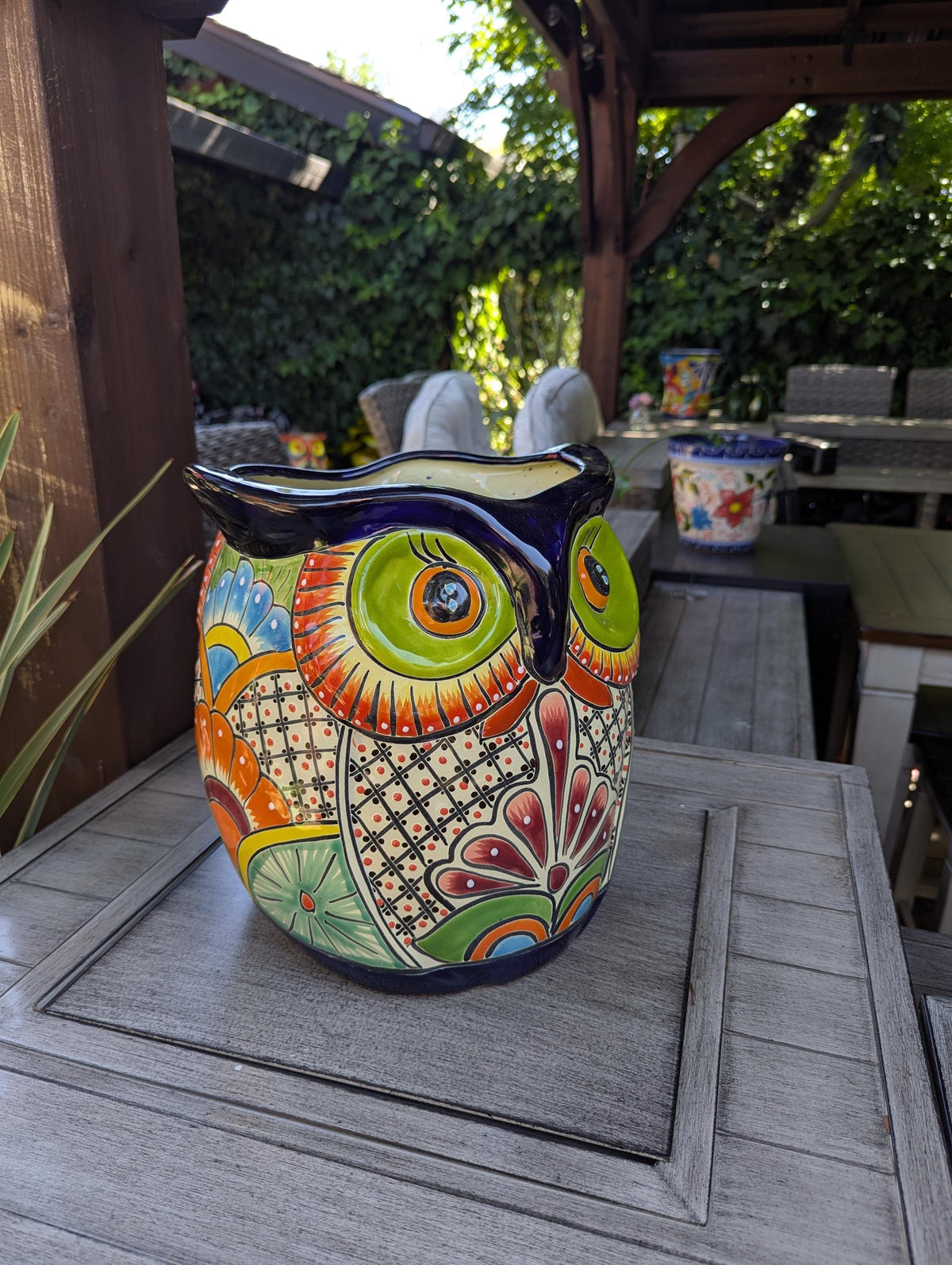 11.5" Tall Talavera Owl Planter | Handmade Ceramic Flower Pot | Outdoor Mexican Pottery Gift